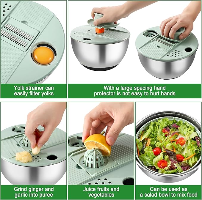 Salad Spinner Stainless Steel, 5.3 Qt Large Vegetables & Fruits Wash Bowl, Lettuce Washer Spinne with 5 Blade Slicer Egg Yolk Strainer, Lettuce Spinner with Stop Button Drain Spout for 2-3 Servings