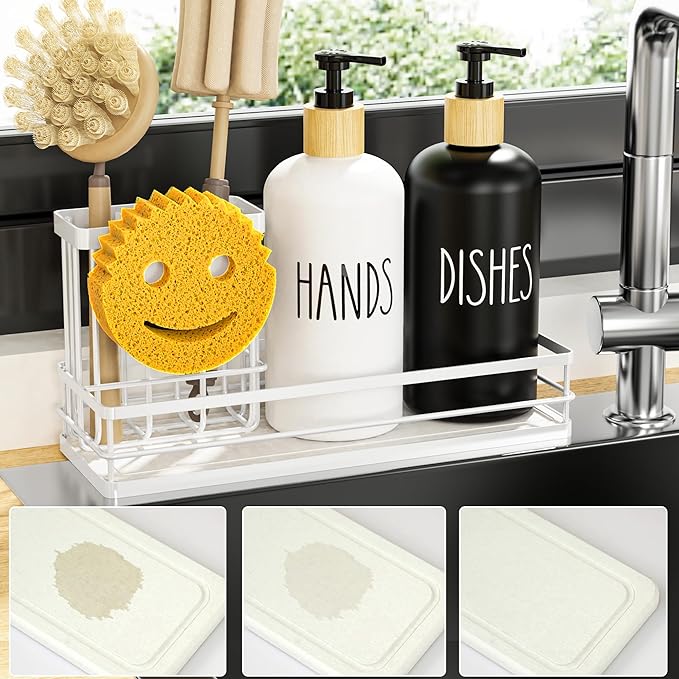 Moforoco Kitchen Dish Soap Dispenser Set, 16OZ Glass Bottle, Hand and Dish Soap Dispenser Set, Instant Dry Tray, Brush Holder with Smiley Face Sponge Holder (White Tray+Black&White Bottle)