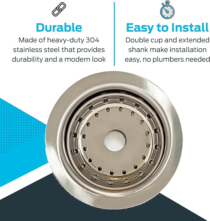 EZ-FLO Double Cup Kitchen Sink Drain Assembly, Sink Strainer fits 3-1/2 inch to 4 inch Opening, 1-7/8 inch Extended Shank, Stainless Steel, 30019