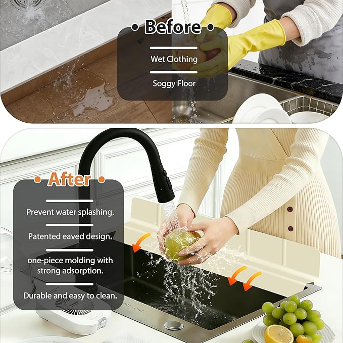 29Inch Sink Splash Guard – Extended Length & Tall Silicone Kitchen Sink Splash Guard with Overhang Drainage Design & Strong Suction Cups for Countertop(White, 29''x3.5'')