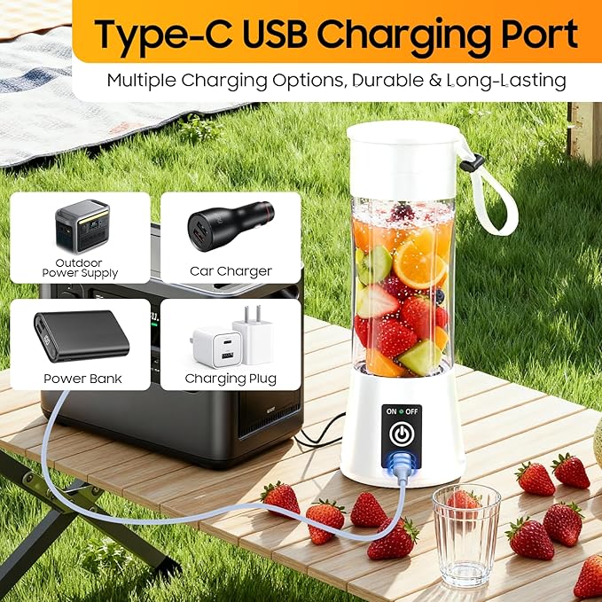 Portable Blender for Shakes and Smoothies - Newly Upgraded 13 Oz Mini Blender with 6 Blades, USB & Type-C Rechargeable, Suit for Making Fresh Juice, Convenient for Travel Sports