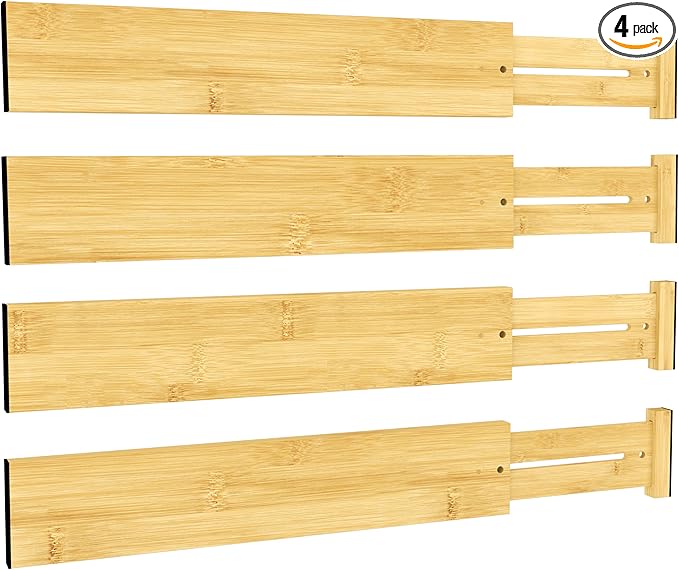 BAMEOS Bamboo Expandable Drawer Dividers – Fits 16.65"–22" Drawers, 3" Deep Walls, Set of 4 | Taller Spring-Loaded Separator Keeps Items Upright in Kitchen & Dresser Drawers