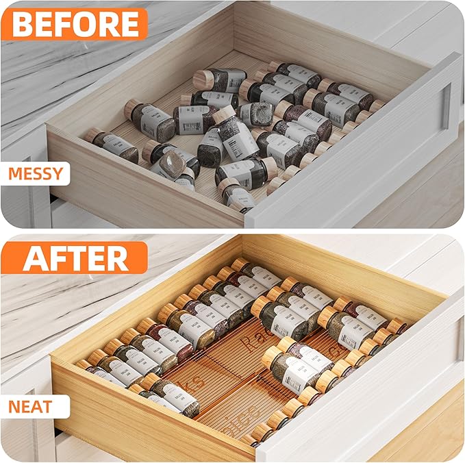 PanPanPal Spice Drawer Organizer, 4 Tier- 4 Pack Amber Acrylic Drawer Seasoning Organizer, Expandable From 11'' to 22'' Kitchen Spice Rack Organizers and Storage for Drawer (Jars not included)