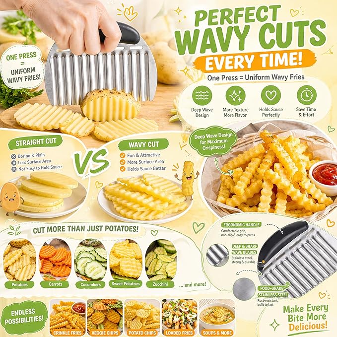 Hendiy Onion Holder for Slicing and Large Crinkle Cutter French Fry Cutter, Onion Slicer Veggie Chopper, Tomato Slicers Potato Wavy Chopper, Kitchen Food Slicer（One Onion Slicers & One Potato Cutter）