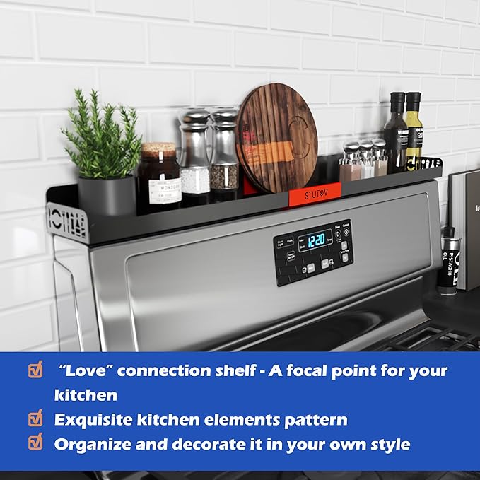 STUTOV 30" Magnetic Stove Top Shelf – Black Spice Rack with Red Logo and Seasoning Organizer – Kitchen Shelf for Back of Stove – Over Stove Rack and Storage Organizer