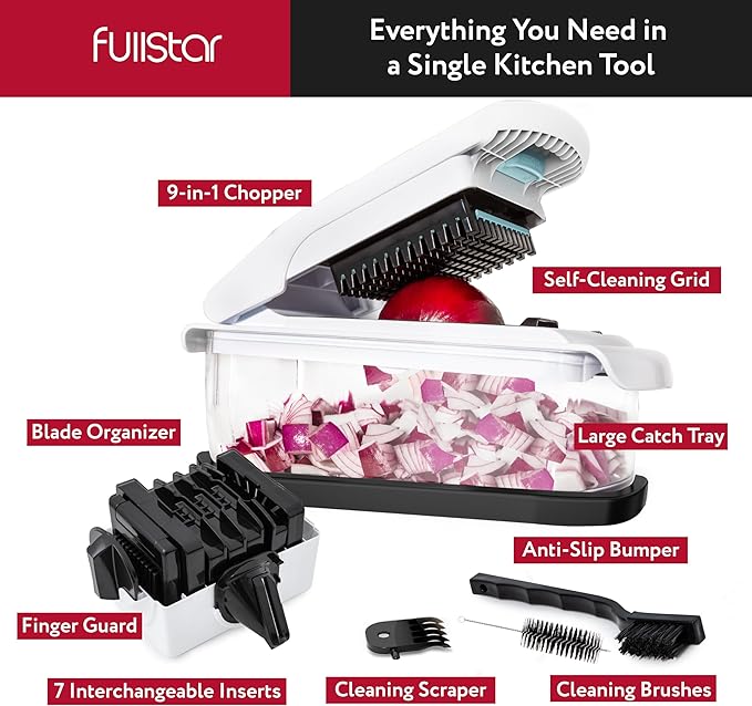 Fullstar Vegetable Chopper & Mandoline Slicer for Kitchen - Food Chopper with Container, Cheese Grater, Home Essentials & Kitchen Gadgets (9 in 1, White/Black)