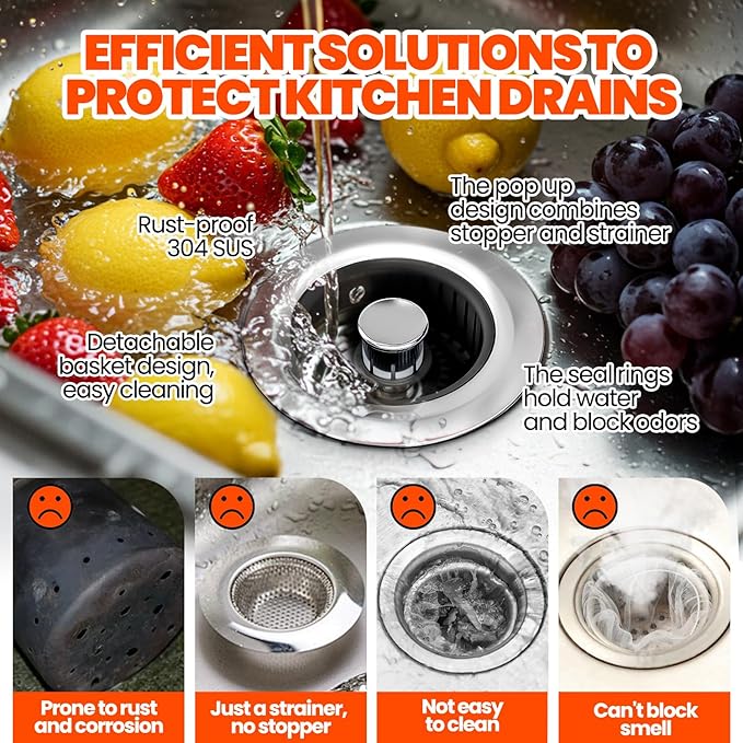 3 in 1 Kitchen Sink Drain Strainer & Sink Stopper Upgraded Stainless Steel Drain Plug with Anti-Clog Basket Drain Stopper Combo, Pop Up Sink Stopper for Standard 3-1/2'',Black