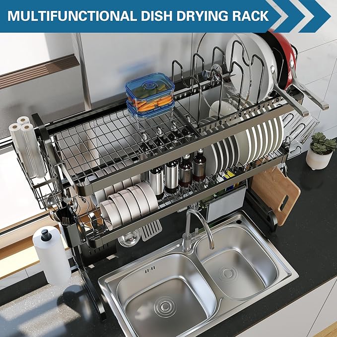 LIVOD Over The Sink Dish Drying Rack,3 Tier Adjustable Length Full Stainless Steel Large Storage Kitchen Dish Rack,for Kitchen Counter Expandable Multifunctional Organizers,Silver (25.5'' to 37.6'')