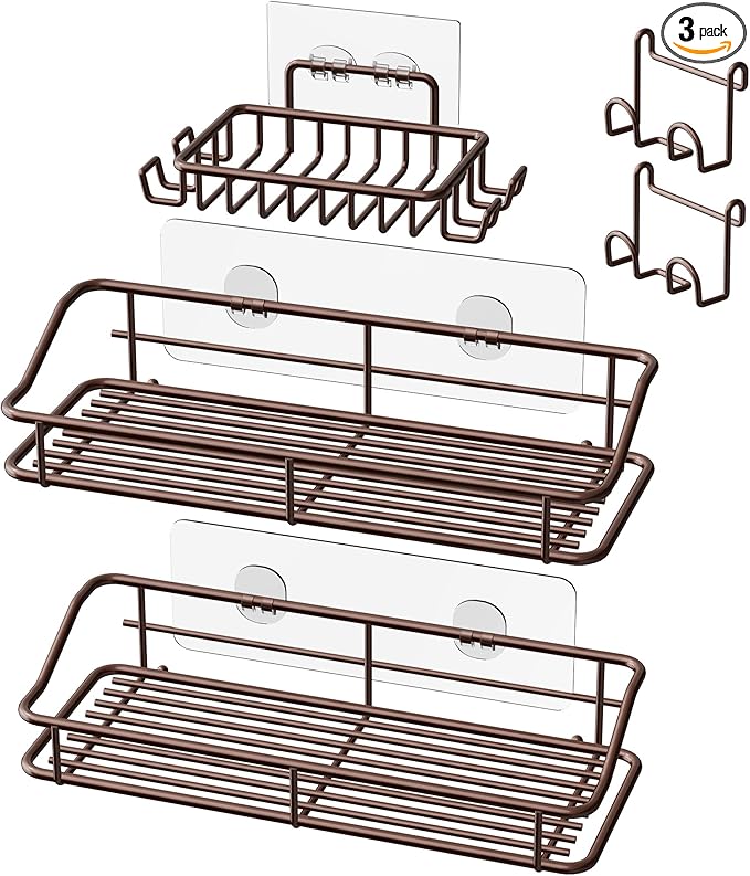 Nieifi Shower Caddy Shelf with Hooks Storage Rack Organizer Adhesive Stainless Steel without Drilling for Bathroom, Lavatory, Washroom, Restroom, Shower, Toilet, Kitchen (Brown, 3 Pack)