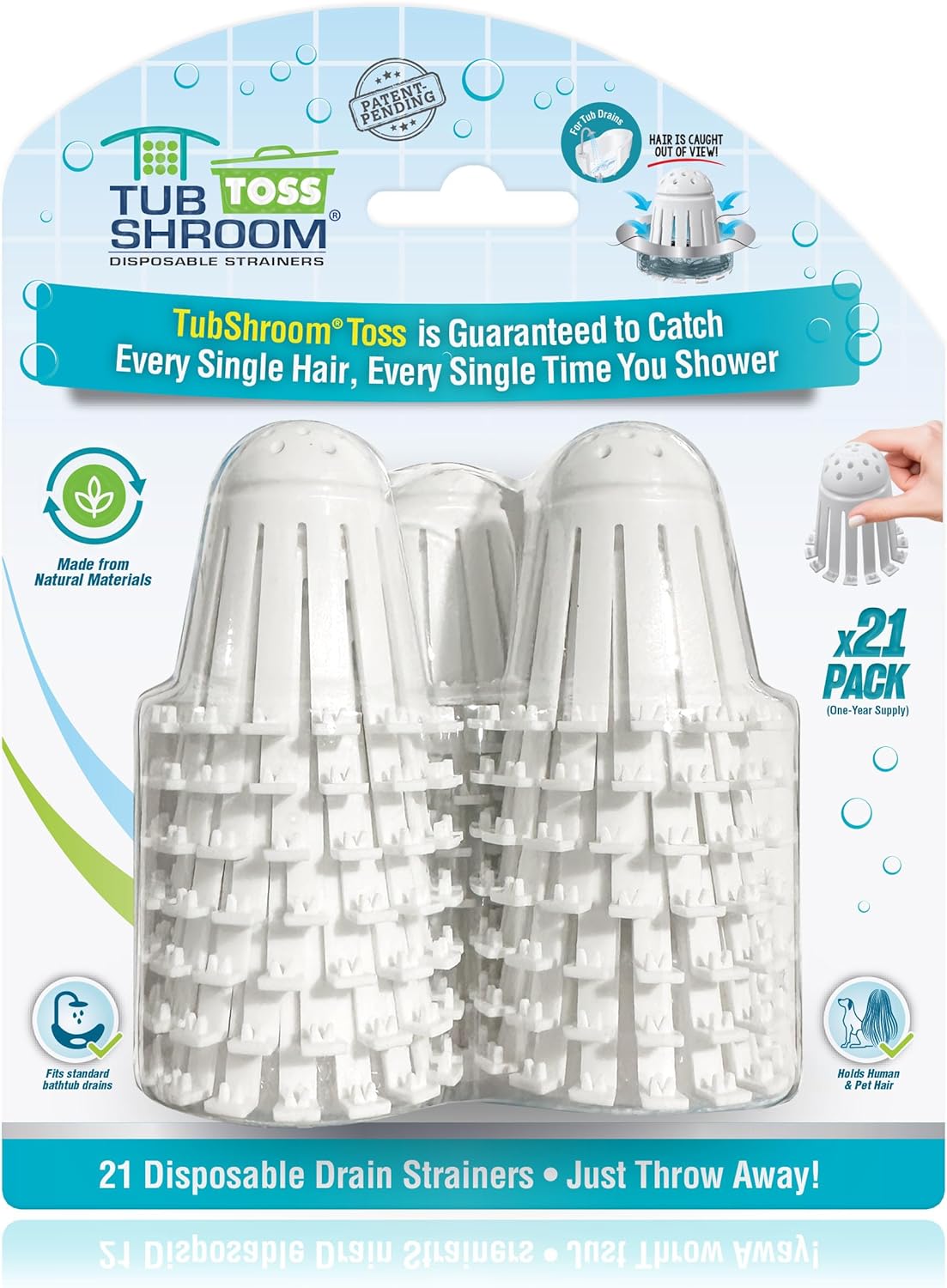 Toss 21pk Disposable Bath Tub Drain Strainers - Hair Catcher Snare for Shower Bathtub to Prevent Clogged Drains, Traps Human and Pet Hair, One Year Supply (White)