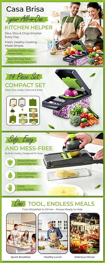 Vegetable Chopper - 14 In 1 Multifunctional Food Chopper with Container - Vegetable Cutter with Container for Salad - Kitchen Gadgets & Essential Kitchen Tool Set for Onion, Potato, Fruits & Veggies