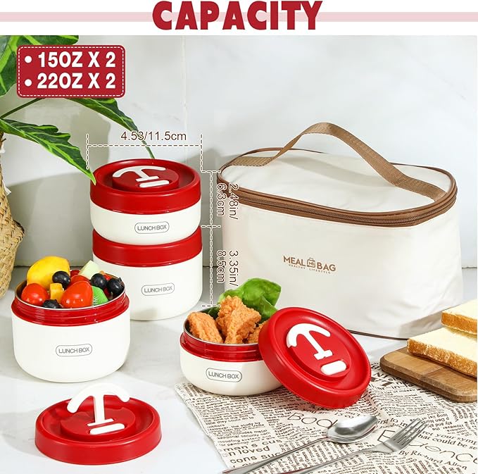 Dandat 4 Pcs Insulated Lunch Container, Portable Bento Box, Stainless Steel Lunch Box, Round Stackable Leakproof Thermal Food Container for Adult Men Women with Insulated Bag, 74 oz(Red)