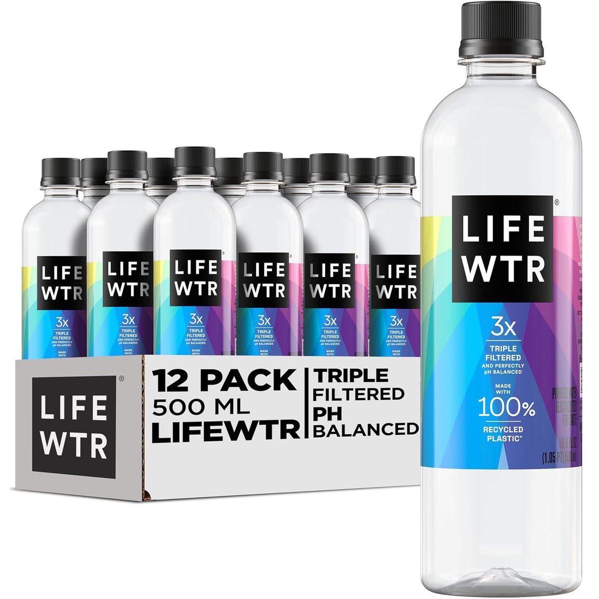Premium Purified Water pH Balanced with Electrolytes, 100% recycled plastic bottles, 16.9 Fl Oz Bottles, 500ml (Pack of 12)