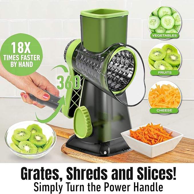 Quick Rotating Cheese Grater, Manual 3-in-1 Vegetable Chopper with Interchangeable Blades and Suction Cup Base (Green)