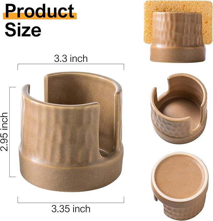 Zoeeker Sponge Holder for Kitchen Sink, Ceramic Sink Caddy Scrub Sponge Tray Dish Rack for Scrubbers, Kitchen Organizer, Brown