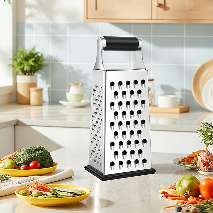 Supercenter Cheese Grater, Size 4-Sided Stainless Steel Box Grater, Food Shredder for Cheese, Parmesan, Vegetable, Dishwasher Safe, Black