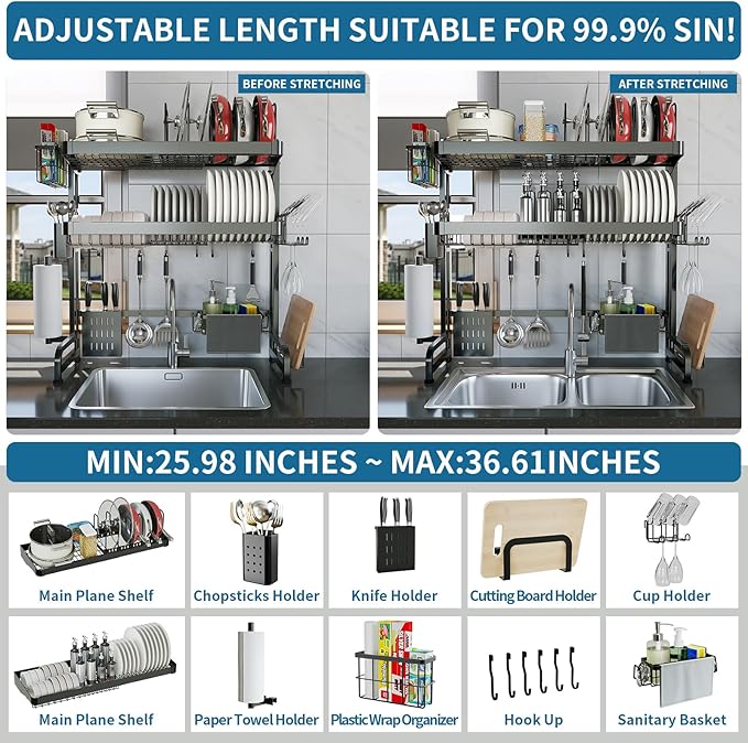LIVOD Over The Sink Dish Drying Rack,3 Tier Adjustable Length Full Stainless Steel Large Storage Kitchen Dish Rack,for Kitchen Counter Expandable Multifunctional Organizers,Silver (25.5'' to 37.6'')