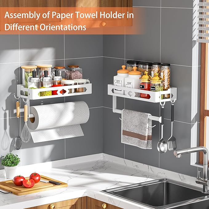 Paper Towel Holder with Shelf, One Hand Tear, Paper Towel Holder Wall Mount with 2 Detachable Hooks for Kitchen, Bathroom, White