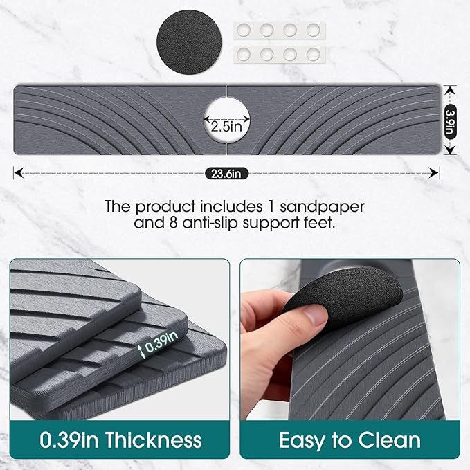 Quick Dry Stone Faucet Mat for Kitchen Sink - 23.6"x3.9" Natural Diatomite Stone Drying Mat for Kitchen Counter, Auto Drainage Sink Protector, Water Splash Guard for Bathroom (Dark Grey)