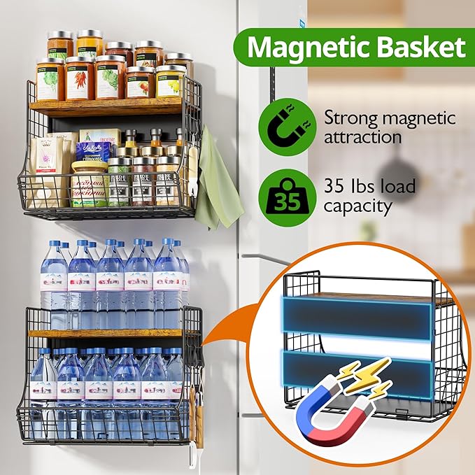 Magnetic Shelf for Fridge with Wood Lid, Fruit Potato and Onion Storage Bins, Pantry Organizers and Storage, Strong Magnetic Spice Rack for Refrigerator, Kitchen Counter and Laundry Room (X-Large)