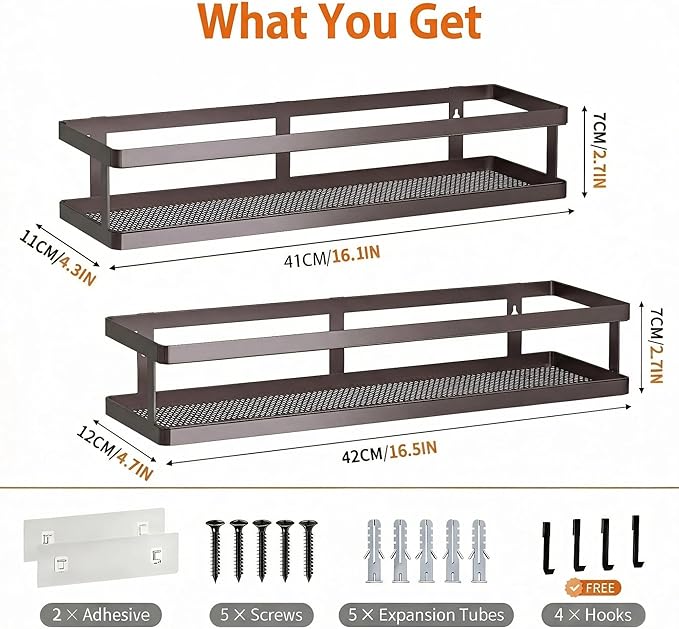 PUSDON 2-Pack 16.5" Extra Long Slim Shower Caddy, Adhesive Wall Mount Bathroom Organizer, Rustproof Open Frame Mesh Spice Rack for Kitchen, Holds 50LBS - Vintage Bronze, Guardrail
