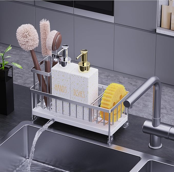 Cisily Kitchen Soap Dispenser Set with Sink Caddy, Glass Bottle, Hand and Dish Soap Dispenser Set with Sponge Holder (White Bottles + Silver Sponge Holder)