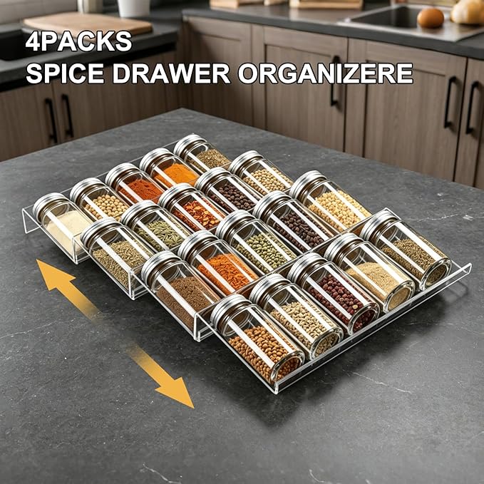 Expandable Acrylic Spice Drawer Organizer – 4-Tier Clear Seasoning Rack Insert for Kitchen Drawers, Adjustable from 9" to 18", Fits Most Spice Jars (Jars Not Included) 4-Pack