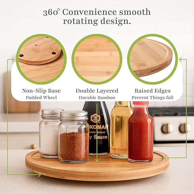 Prosumer's Choice Bamboo Lazy Susan Spinning Organizer Turntable - 10x10-Inch Revolving Condiment and Spice Rack - Multipurpose Rotating Bamboo Wood Organizer for Kitchen Countertop or Bathrooms