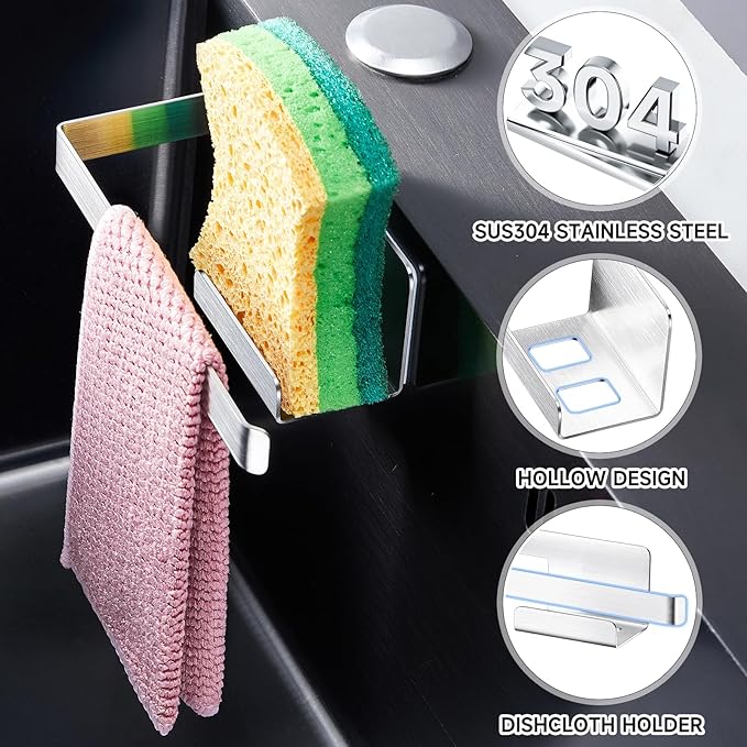 Sponge Holder for Kitchen Sink, Adhesive Dishcloth Holder, Dish Sponge Kitchen Sink Caddy 2 In 1, Metal Dishcloth Racks Sink for Dishcloths, Sponges, Brushes and Glove (Sliver)