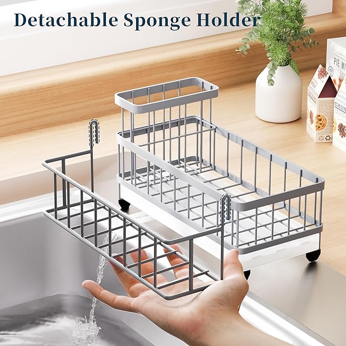 Consumest Sponge Holder for Kitchen Sink - Auto Draining Sink Caddy Organizer with Detachable Rack, High Brush Holder, Kitchen Countertop Storage Accessories, Grey
