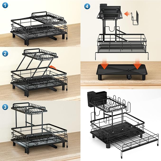 2 Tier Dish Drying Rack - Expandable Dish Rack Over Sink, 304 Stainless Steel Dish Rack for Kitchen Counter, Dish Drainer w Utensil Holder, Drainboard & Cups Holder, Anti-Rust & Space Saving