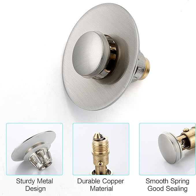 Universal Bathroom Sink Stopper - Bounce Wash Basin Drain Filter, Brushed Nickel Pop Up Drain Stopper, Bullet Core Push Type Sink Stopper, Sink Drain Plug with Anti-Clogging Strainer, for 1.1-1.5 inch