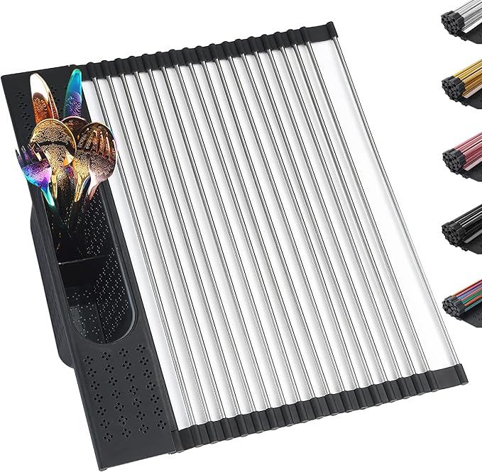 Berglander Dish Drying Rack Over The Sink, L17.5 by W 15" Rollable Stainless Steel Dish Rack with Removable Storage Basket, Perfect for Kitchen Sink