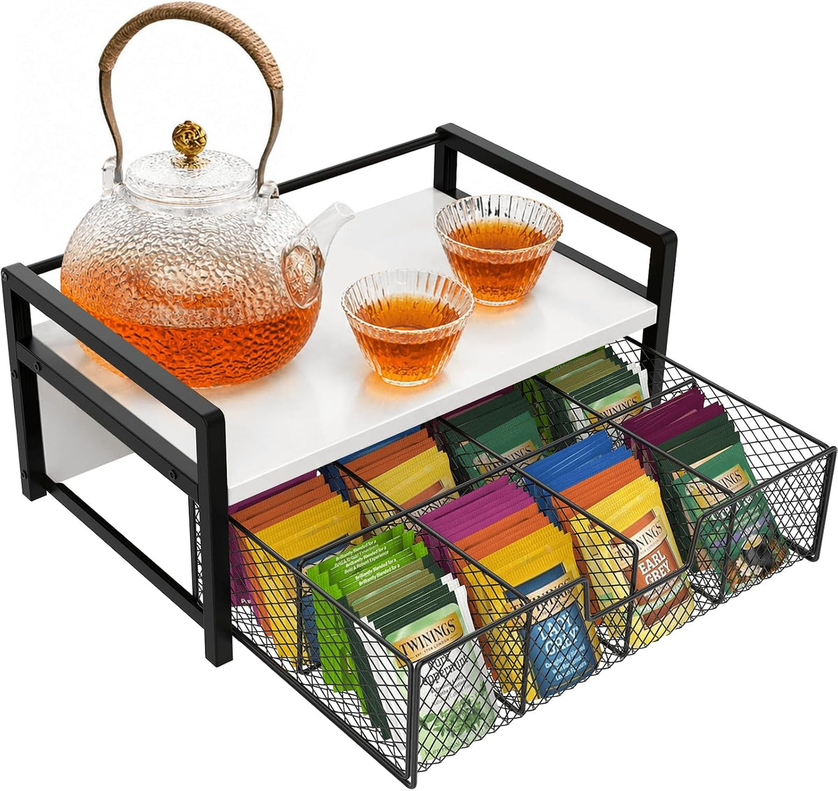 Tea Bag Organizer, Wood Tea Bag Holder with Storage Drawer, white