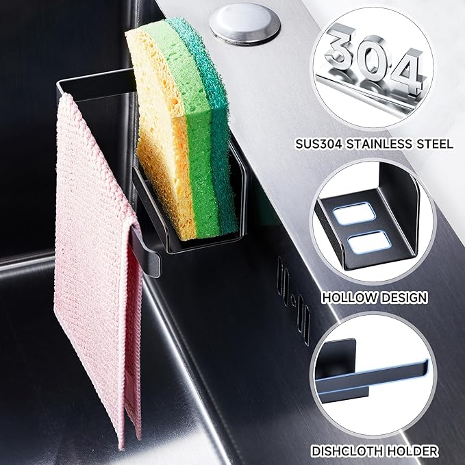 Sponge Holder for Kitchen Sink, Adhesive Dishcloth Holder, Dish Sponge Kitchen Sink Caddy 2 In 1, Metal Dishcloth Racks Sink for Dishcloths, Sponges, Brushes and Glove (Black)