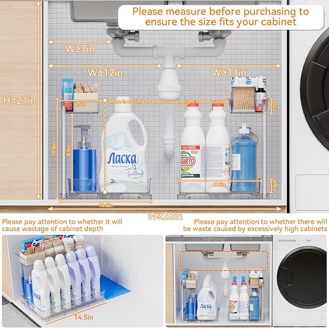 2 Pack 14.5″ Deep Pull Out Under Sink Organizer