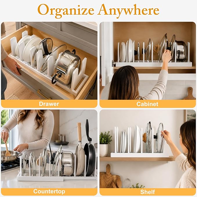 MinBoo Bamboo Expandable Pot Lid Organizer, Pot and Pan Organizer Drawer Organizer for Pot Lids, Adjustable 10 U-Shaped Dividers for Kitchen Cabinet Organizers and Storage,White