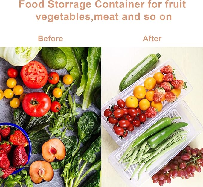 Food Storage Container, Plastic Food Containers with Removable Drain Plate and Lid, Stackable Portable Freezer Storage Containers - Tray to Keep Fruits, Vegetables, Meat and More (4,Small)