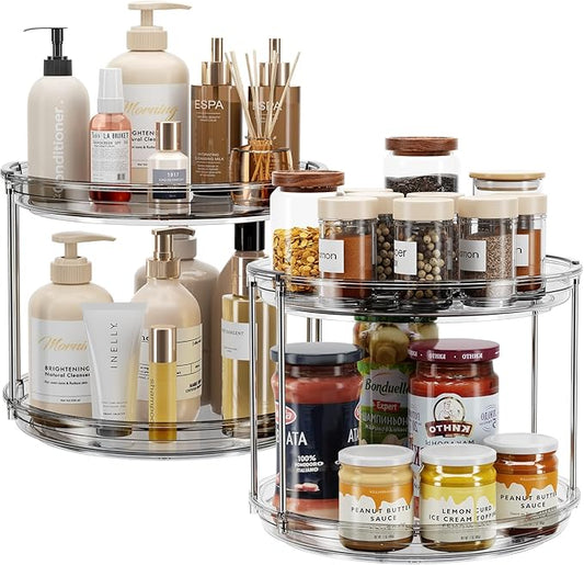 2 Pack 2 Tier Lazy Susan Turntable Organizer 9.25'' Rotating Spice Rack, Grey