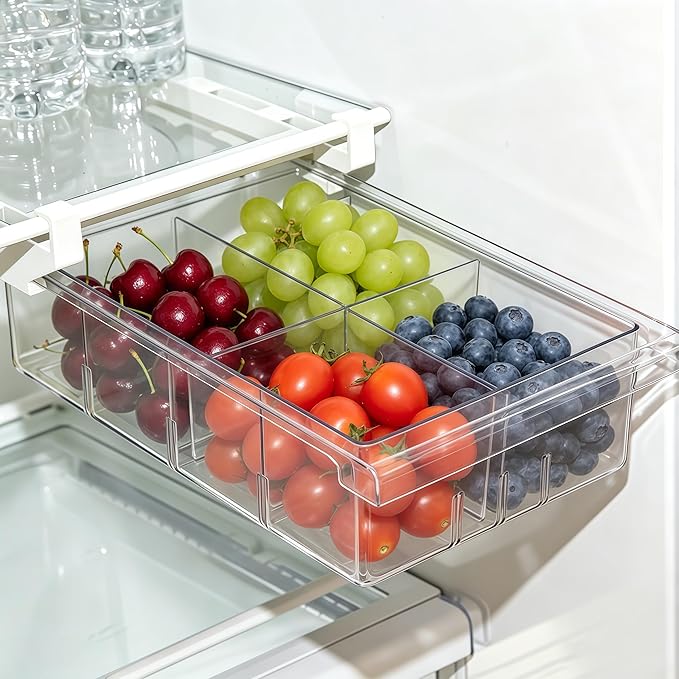 Refrigerator Organizers Storage Fridge Drawer - Pull Out Clear Storage Containers with Handle for Fruit,Deli,Cheese,Seafood,Plastic Organizer Bins Fit for Medium Refrigerator Shelf,Simple Use(1 Pack)