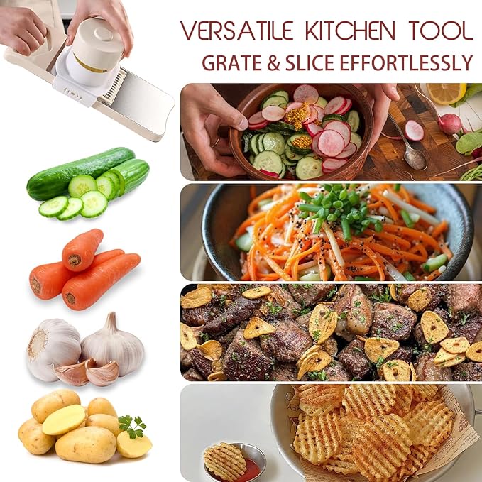 NACOLUS 6-Blade Mandoline Slicer with Slide-On Hand Guard - Vegetable Slicer, Carrot Shredder,Safe Potato/Garlic Slicer Vegetable Cutter, Waffle Fry Cutter (Beige, 6-in-1)