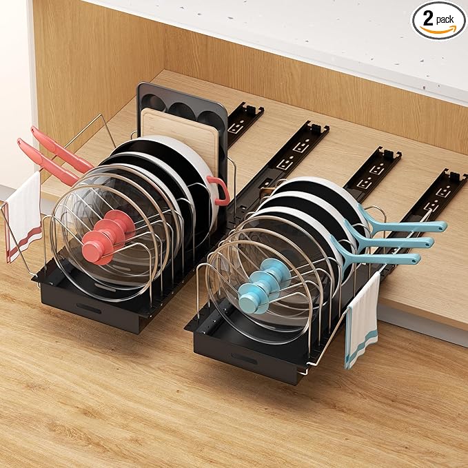 Golener 2 Packs Fixed Pots and Pans Organizer Under Cabinet, No Drill Slide-Out Pan Organizer with Adjustable Dividers & Handle Bracket, Pot Lid Holder, Pan Storage Inside Cabinet for Kitchen