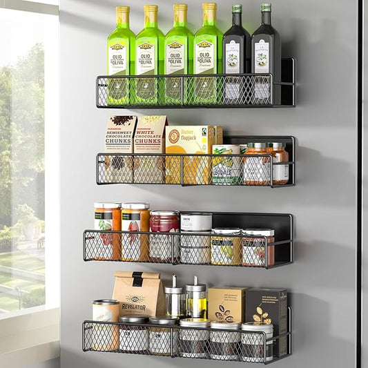 DTUQYX Magnetic Spice Rack for Refrigerator, 4 Pack 100% Metal Strong Magnet Fridge Shelves, Space Saving Spice Organizer