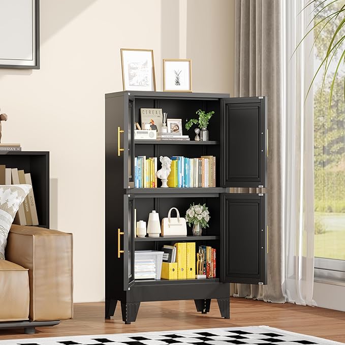 winiowa 47" Tall Kitchen Pantry Cabinet, Metal Storage Cabinet with Doors and Adjustable Shelves, Black Freestanding Pantry Cabinet for Kitchen, Dining Room, Living Room, Laundry Room, Bathroom