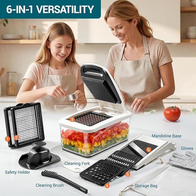 Sopito Vegetable Chopper Mandoline Slicer - Multifunctional Veggie Food Chopper With 6 Blades & Container, Heavy-Duty Vegetable Slicer and Cutter for Onion, Salad, and Food Preparation