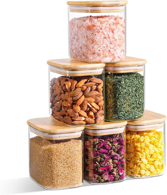 0.7 Qt Rectangle Glass Storage Containers with Lids, Glass Jars with Bamboo Lids