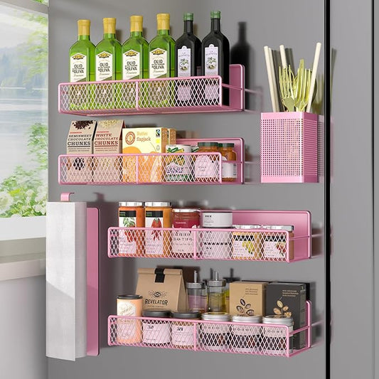 Magnetic Spice Rack for Refrigerator, 6 Pack Metal Magnetic Shelf Pink