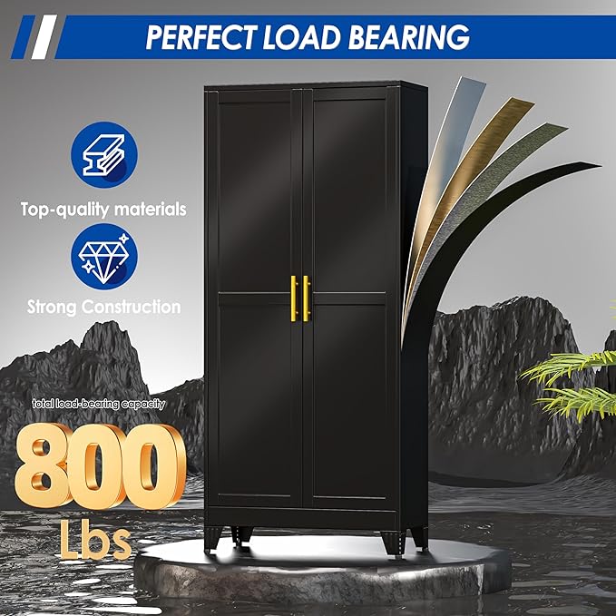 GAIOUS 71" Tall Metal Storage Cabinet with 2 Doors and 4 Adjustable Shelves, Kitchen Pantry Cabinet Black Freestanding Cupboard, 5 Tier Multifunctional Steel Storage for Office, Kitchen, Dining Room