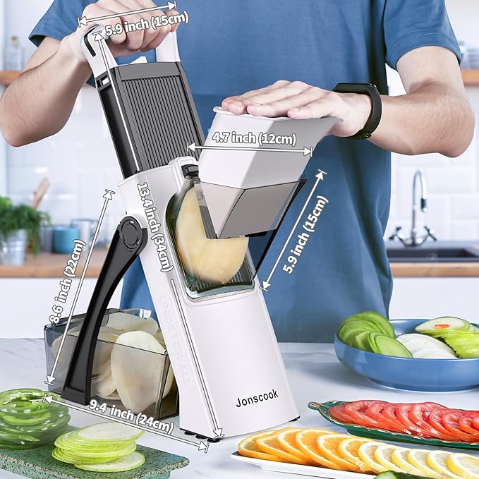 Jonscook All-in-1 Update Safe Mandoline Slicer for Kitchen, Food Chopper with Container, Thickness Adjustable Vegetable Chopper, Potato French Fry Cutter Tomato Apple Slicer Onion (BlackWhite)