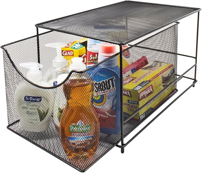 Sorbus® Cabinet Organizer Drawers— Mesh Storage Organizer with Pull Out Drawers—Ideal for Countertop, Cabinet, Pantry, Under the Sink, Desktop and More (Black Bottom Drawer)